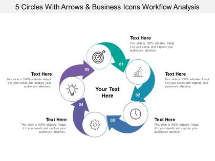 5 circles with arrows and business icons workflow analysis