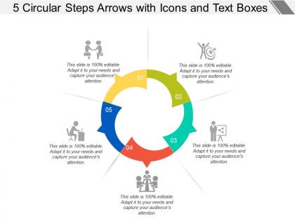 5 circular steps arrows with icons and text boxes
