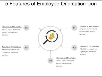 5 features of employee orientation icon ppt presentation