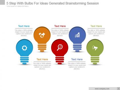 5 step with bulbs for ideas generated brainstorming session ppt slide