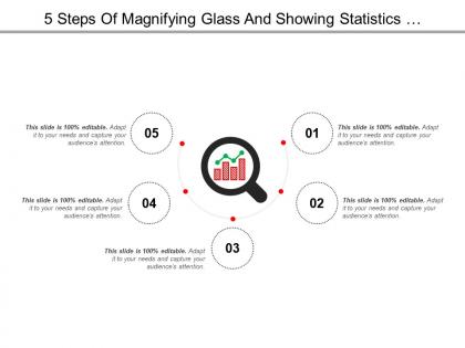 5 steps of magnifying glass and showing statistics performance icon