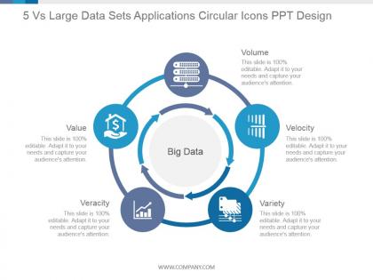 5 vs large data sets applications circular icons ppt design
