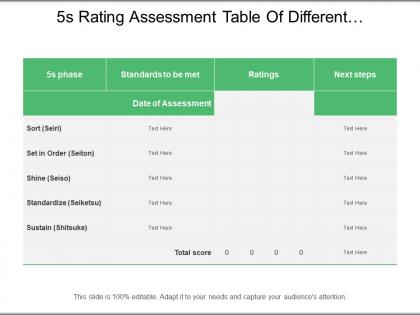 5s rating assessment table of different categories of sort set shine standardize and sustain
