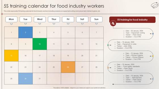 5S Training Calendar For Food Industry Workers