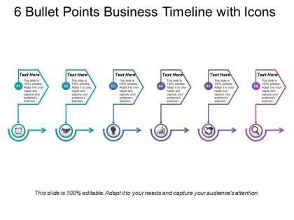 6 bullet points business timeline with icons