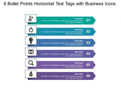 6 bullet points horizontal text tags with business icons