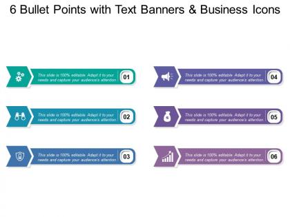 6 bullet points with text banners and business icons