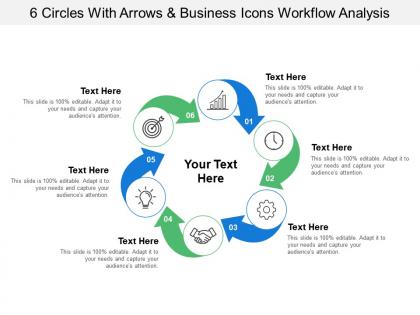 6 circles with arrows and business icons workflow analysis