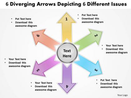 6 diverging arrows depicting different issues cycle process powerpoint templates
