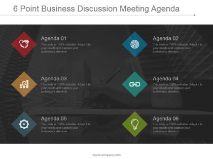 6 point business discussion meeting agenda powerpoint slide show