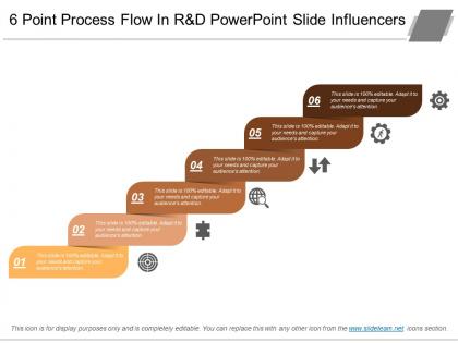 6 point process flow in r and d powerpoint slide influencers
