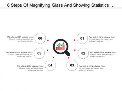 6 steps of magnifying glass and showing statistics performance icon