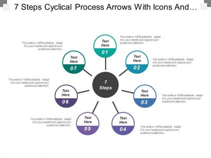 7 steps cyclical process arrows with icons and textboxes