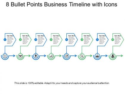 8 bullet points business timeline with icons