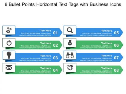 8 bullet points horizontal text tags with business icons