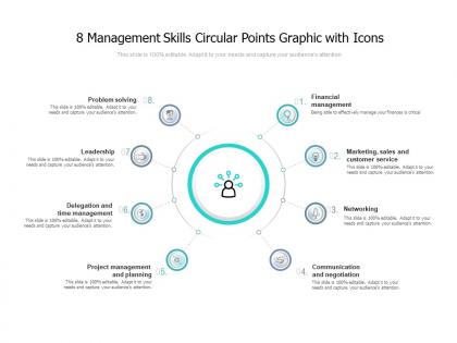 8 management skills circular points graphic with icons