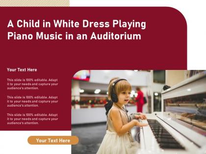 A child in white dress playing piano music in an auditorium