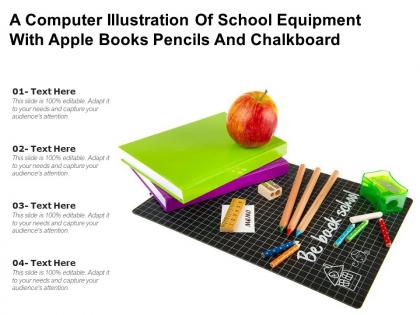 A computer illustration of school equipment with apple books pencils and chalkboard