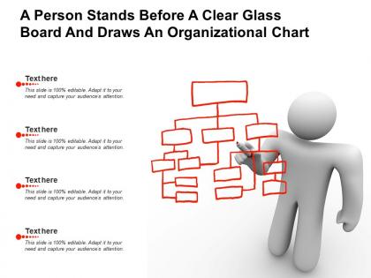 A person stands before a clear glass board and draws an organizational chart