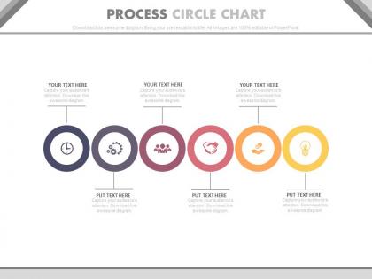 A six staged linear process circle chart for financial analysis flat powerpoint design