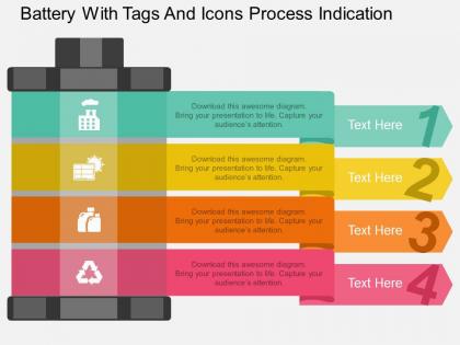 Aa battery with tags and icons process indication flat powerpoint design