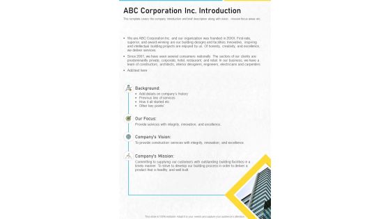 ABC Corporation Inc Introduction Business Funding One Pager Sample Example Document