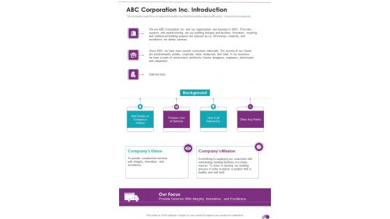 ABC Corporation Inc Introduction One Pager Sample Example Document