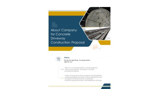 About Company For Concrete Driveway Construction Proposal One Pager Sample Example Document