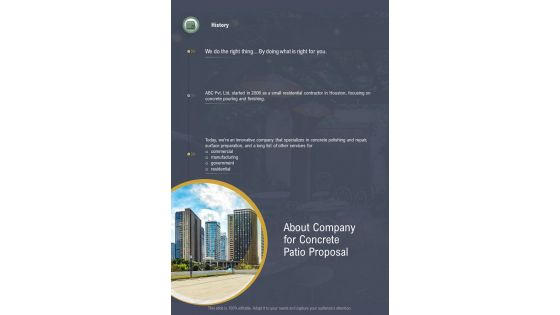About Company For Concrete Patio Proposal One Pager Sample Example Document
