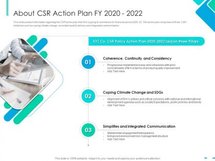 About csr action plan fy 2020 to 2022 integrating csr ppt brochure