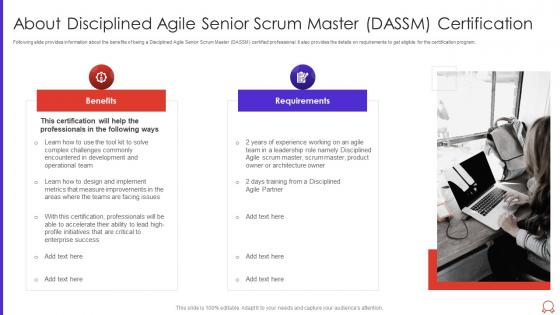About disciplined agile senior scrum master dassm certification ppt slides guide