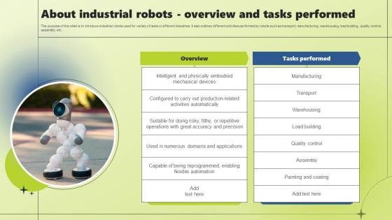 About Industrial Robots Overview And Tasks Performed Applications Of Industrial Robotic Systems