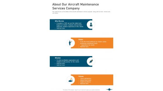 About Our Aircraft Maintenance Services Company One Pager Sample Example Document