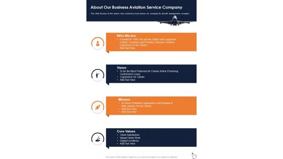 About Our Business Aviation Service Company One Pager Sample Example Document