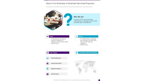 About Our Business To Business Services Proposal One Pager Sample Example Document