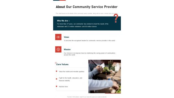 About Our Community Service Provider One Pager Sample Example Document