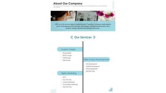About Our Company Proposal For Marketing Job One Pager Sample Example Document