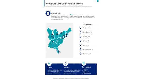 About Our Data Center As A Services One Pager Sample Example Document