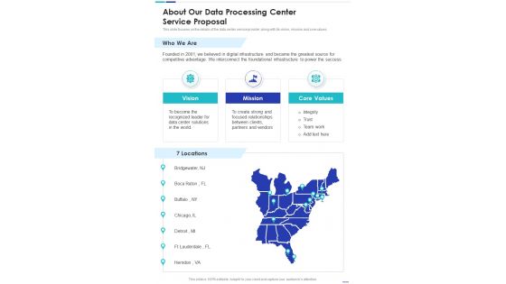 About Our Data Processing Center Service Proposal One Pager Sample Example Document