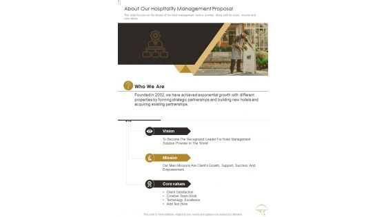 About Our Hospitality Management Proposal One Pager Sample Example Document