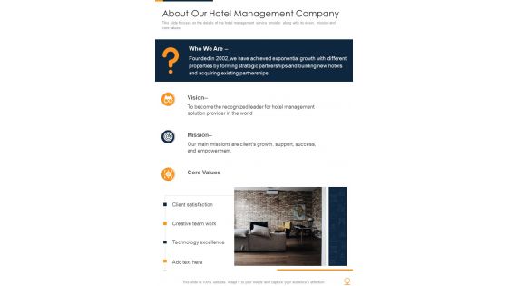 About Our Hotel Management Company One Pager Sample Example Document