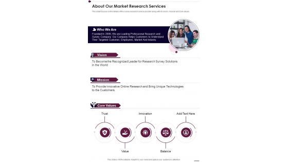 About Our Market Research Services Market Research Services Proposal One Pager Sample Example Document