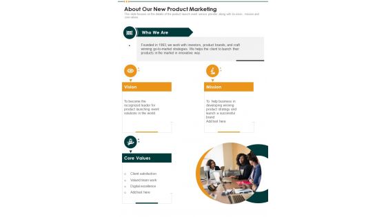 About Our New Product Marketing One Pager Sample Example Document