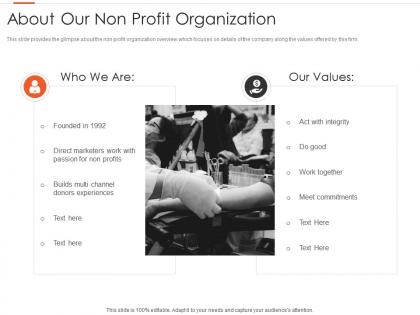 About our non profit organization nonprofits pitching donors ppt graphics