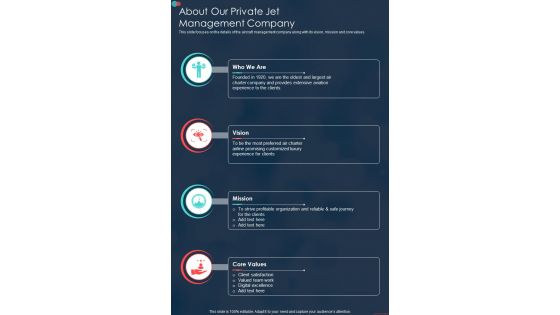 About Our Private Jet Management Company One Pager Sample Example Document
