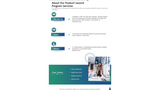 About Our Product Launch Program Services One Pager Sample Example Document