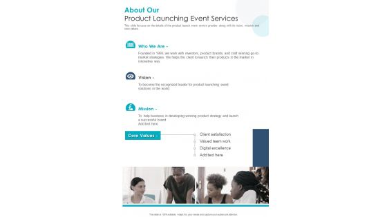 About Our Product Launching Event Services One Pager Sample Example Document