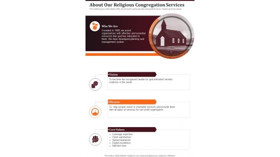 About Our Religious Congregation Services One Pager Sample Example Document