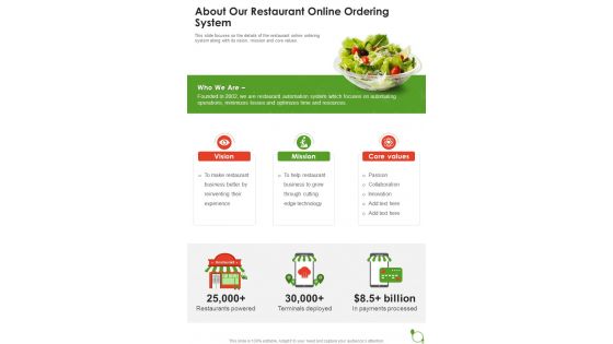 About Our Restaurant Online Ordering System One Pager Sample Example Document