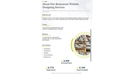 About Our Restaurant Website Designing Services One Pager Sample Example Document